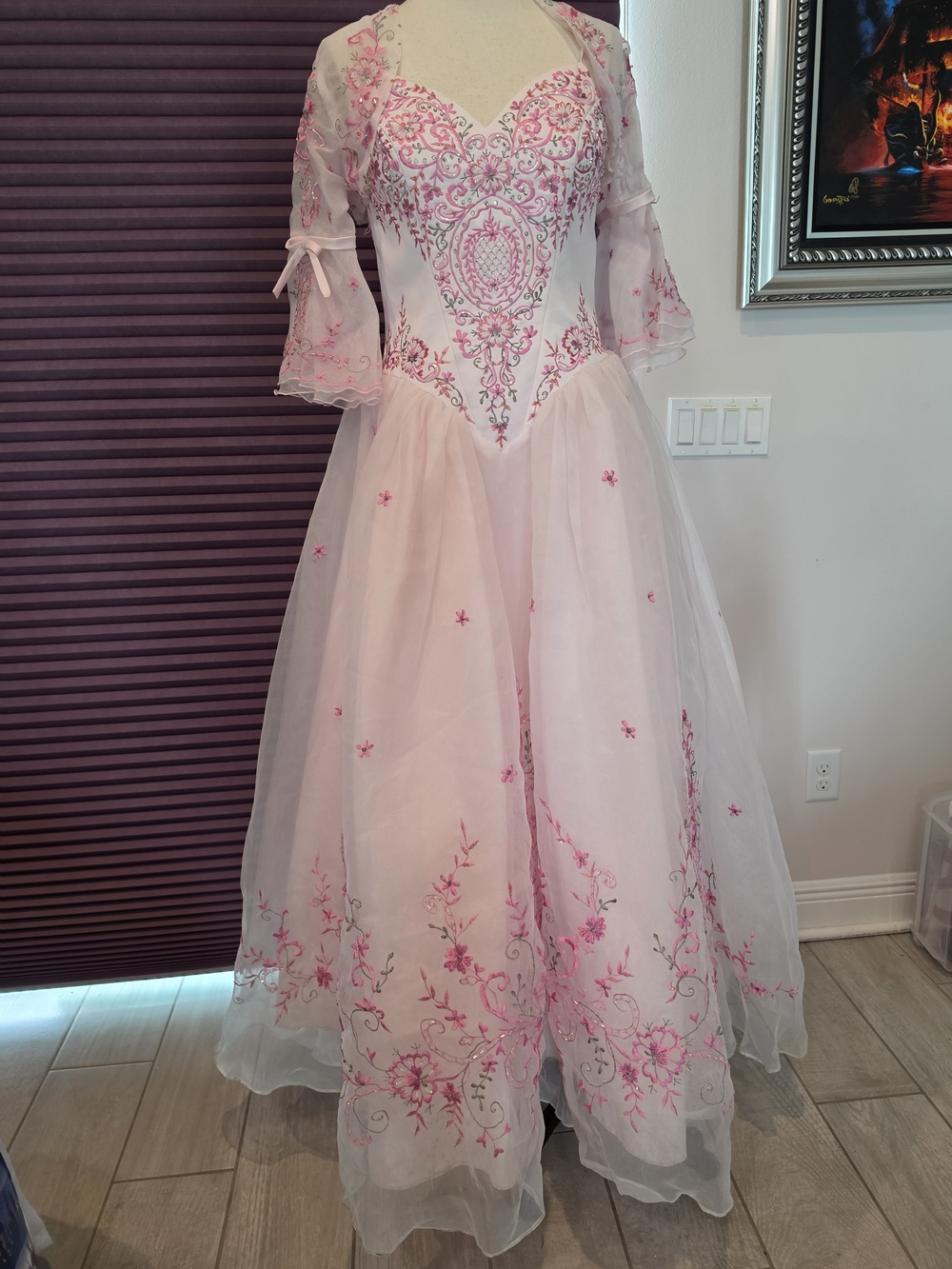 Mary's Bridal Pale Pink Embroidered Prom or Quince Gown with Sheer Sleeve Jacket
